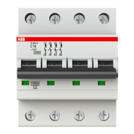 S204P-C16, Četvoropolni automatski osigurač 16A, C karakteristika, Icn=25kA, Icu=25kA