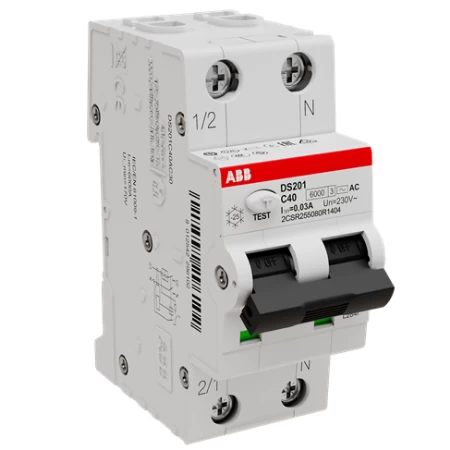 DS201 C40 AC30, Diferencijalna automatska zaštitna (FID) sklopka, C-karakteristika, 40A, 30mA, 2 modula, Icn=6kA, Icu=10kA, tip AC