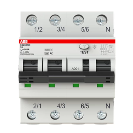 DS203NC C8 AC30, Diferencijalna automatska zaštitna (FID) sklopka, C-karakteristika, 8A, 30mA, 3P+N, 4 modula, Icn=6kA, Icu=10kA, tip AC