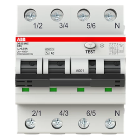 DS203NC C13 AC30, Diferencijalna automatska zaštitna (FID) sklopka, C-karakteristika, 13A, 30mA, 3P+N, 4 modula, Icn=6kA, Icu=10kA, tip AC