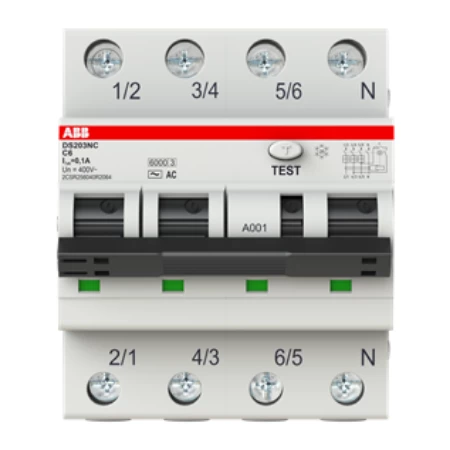 DS203NC C6 AC100, Diferencijalna automatska zaštitna (FID) sklopka, C-karakteristika, 6A, 100mA, 3P+N, 4 modula, Icn=6kA, Icu=10kA, tip AC