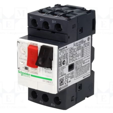 TeSys GV2ME: Motorni zastitni prekidac, termo-magnetni, 3P na zavrtanj, komanda tasterima (P=0.18kW; Ir=0.4-0.63A; Im=8A; Icu>100kA; Ics=100%Icu)